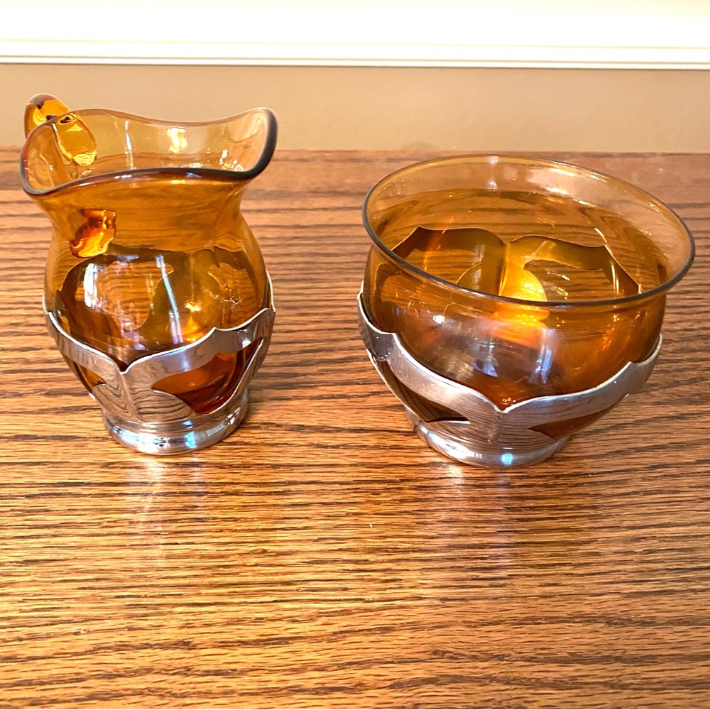 Farber Bros art deco vintage cream and sugar in amber glass and chrome